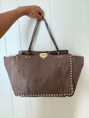 Valentino Brown Leather Tote with Gold Stud Accents